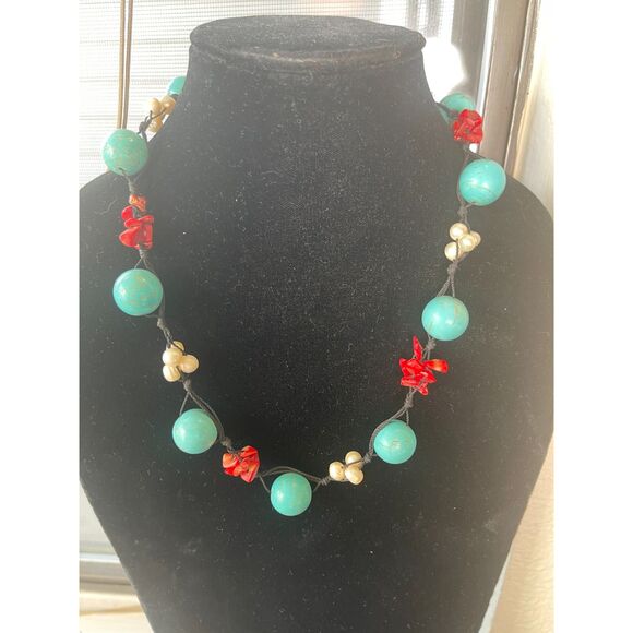 Vintage Turquoise, Coral & Pearl Statement Bohemian Boho Chunky Necklace 18" - Picture 1 of 7